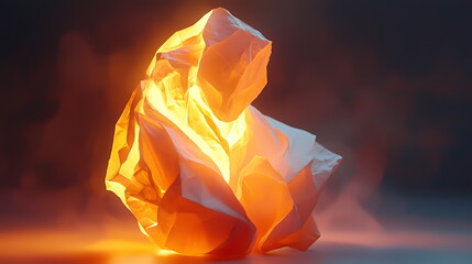 Poster - Illuminated crumpled paper sculpture creating dramatic shadows and ethereal glow in a captivating artistic display