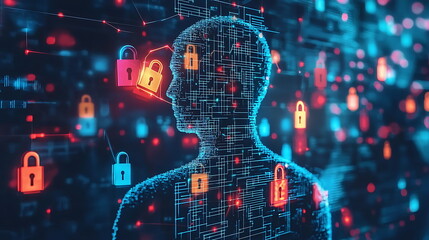 Fototapete - Exploring digital security the intersection of human identity and cyber protection illustrated through silhouettes and locks