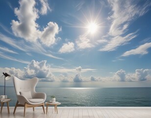 there is a chair and a table on a deck overlooking the ocean.