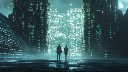 Aufkleber - Exploring a futuristic cityscape silhouettes against glowing structures in a neon-infused world of technology