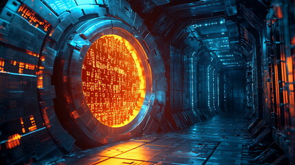 Poster - Exploring a futuristic corridor a glowing portal surrounded by neon lights and advanced technology awaits adventure