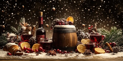 Wall Mural - a wooden barrel with a bottle of wine and a bunch of oranges