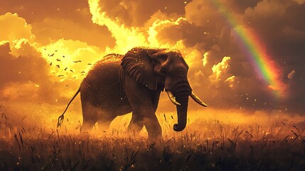 Aufkleber - A majestic elephant strolling through a golden sky adorned with rainclouds and a beautiful rainbow in the background