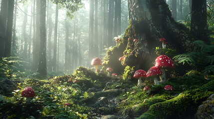 Aufkleber - Enchanting forest of vibrant mushrooms a magical journey through nature's lush green wonderland