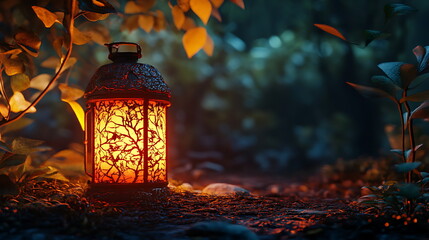 Poster - Ornate lantern casting a warm glow on a tranquil forest path during dusk illuminating nature's beauty and serenity