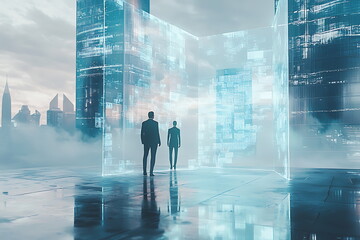 Poster - Exploring the intersection of business and technology two figures analyzing digital results in a futuristic environment