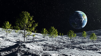 Poster - Imagining a new frontier trees on the moon with earth in view blending nature and space exploration visions