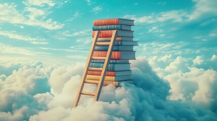 Abstract book stack with ladder on sky with clouds background 