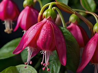 Beautiful and charming fuchsia pink flowers photographed from close range in the garden next to the house