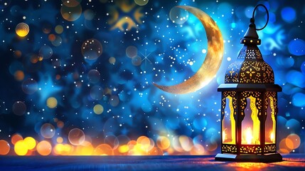Wall Mural - Backdrop of an eid mubarak holiday card featuring an erect lantern and a brilliant lunar moon ramadan mubarak