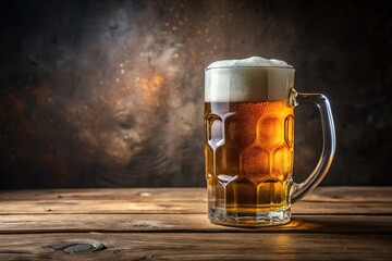 Delicious and refreshing beer mug on a wooden table with dark background