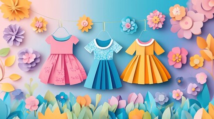 Colorful paper dresses displayed against a vibrant floral background.