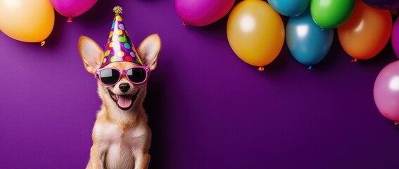 A cheerful dog wearing sunglasses and a party hat, surrounded by colorful balloons.