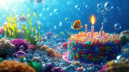 A vibrant underwater scene featuring a colorful birthday cake with candles and fish.