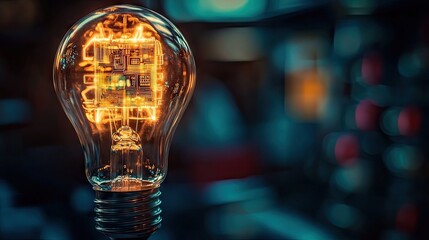 Fototapete - Glowing light bulb with a futuristic circuit board inside, set against a dark background, representing breakthrough ideas.