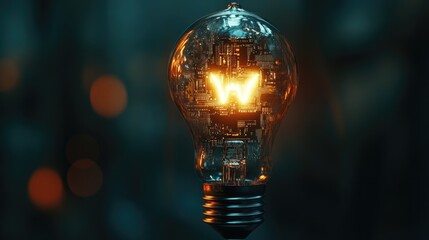 Fototapete - Glowing light bulb with a futuristic circuit board inside, set against a dark background, representing breakthrough ideas.