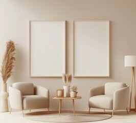 Minimalist living room interior with two empty vertical frame mockups on the wall. 3D rendering illustration.