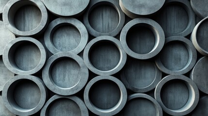 Poster - A collection of cylindrical steel tubes is neatly arranged, displaying a variety of textures and shadows. The interplay of light and surface creates an industrial yet artistic aesthetic.