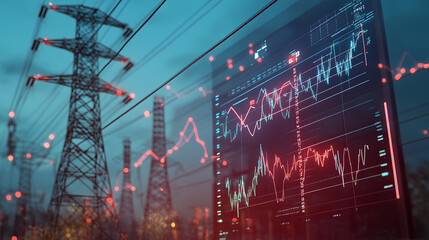 Poster - High tech power grid interface displaying data analysis and price graphs, showcasing energy consumption and market trends