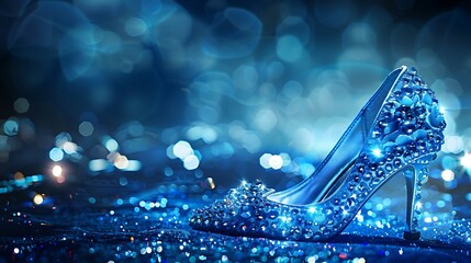Wall Mural - Beautiful crystal shoe on a backdrop of deep blue with lights around it