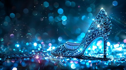 Wall Mural - Beautiful crystal shoe on a backdrop of deep blue with lights around it