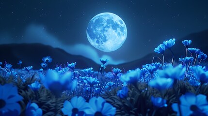 Wall Mural - beautiful romantic moon stage with blue flower result spread fall