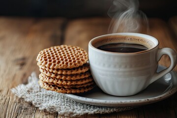 Steaming Coffee and Honeycomb Waffles on a Wooden Table