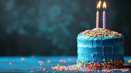 A colorful birthday cake with blue frosting and two candles, decorated with sprinkles.