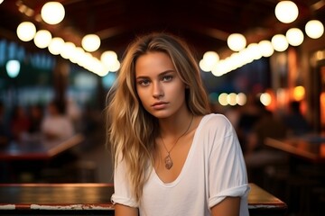 Portrait of a beautiful young woman sitting in a cafe at night