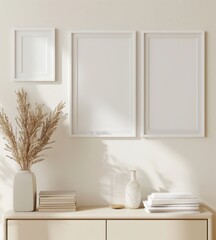 Minimalist interior design with three blank white picture frames on a white wall above a wooden sideboard with home decor.