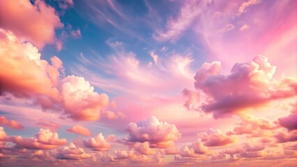 Dreamy sky and clouds in pink pastel colors, whimsical wide-angle view