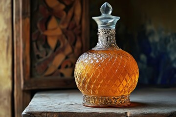 Wall Mural - Ornate Glass Decanter with Amber Liquid on Wooden Surface