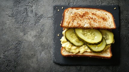 Wall Mural - Homemade pickle sandwich with mayo and cheese offering a food-themed copy space image