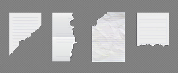 Poster - Crumpled torn white school lined notebook paper with rough cut off edges for scrapbook or writing message. Realistic 3d vector set of blank wrinkled ripped notepaper page mockup with rule lines.