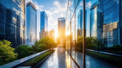 Poster - Morning sunlight reflecting off buildings in a city center providing a modern business backdrop