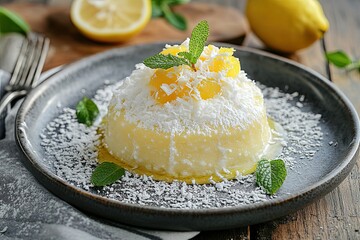 Lemon and Coconut Dessert on a Black Plate