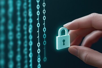 Cybersecurity concept with digital lock and binary code