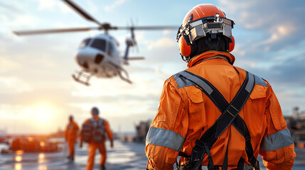 Technician securing cargo on offshore platform with helicopter in background during sunset