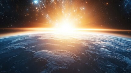 Canvas Print - Rendering of the earth in space at sunrise with light rays shining across stars and galaxies