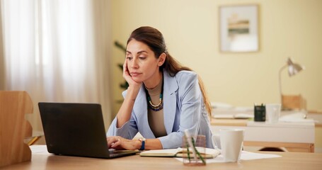 Aufkleber - Business, tired and woman with laptop, burnout and overworked with depression, anxiety and mistake. Person, employee and consultant at desk, headache or online reading with deadline, glitch or stress