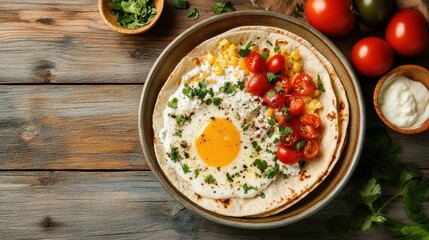 Poster - Top view of a Mexican breakfast with pita bread cheese and tomatoes offering copy space