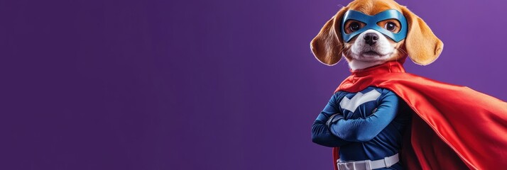 Canvas Print - A superhero dog in a costume poses confidently against a purple background.