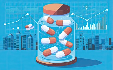 A colorful illustration of a medicine jar containing capsules, surrounded by graphs and cityscape elements, symbolizing pharmaceuticals and data analysis.