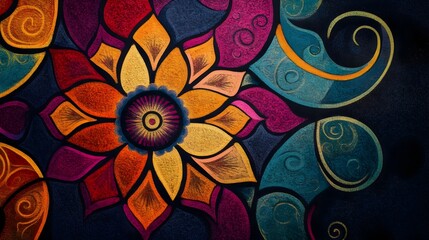 Wall Mural - Vibrant Festive Indian Rangoli Pattern with Ample Copy Space for Design or Background