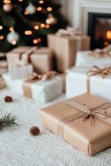 Wall Mural - Christmas gifts wrapped in brown paper and string waiting under tree