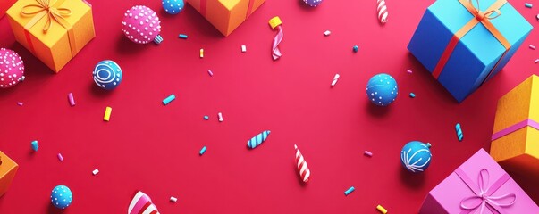 Colorful presents and festive decorations on a vibrant background for celebration.