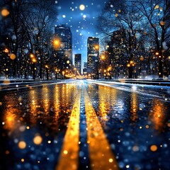 Snowy Night City Lights Bokeh Abstract Background with Falling Snow and Snowflakes