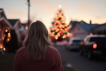 Wall Mural - Young woman walking towards christmas tree lights at dusk