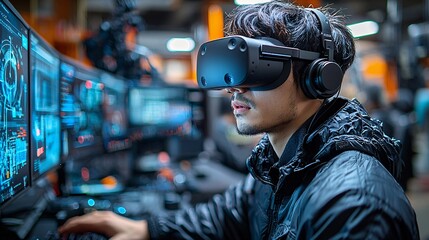 Poster - VR Headset User Working on Computer in Industrial Setting