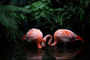 Two flamingos feeding in a dark, lush environment with reflections in the water.